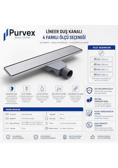 Purvex Home Lineer Duş Kanalı - Fırçalanmış 304 Paslanmaz Çelik Duş Süzgeci, Koku Önleyici Trap 50 Cm