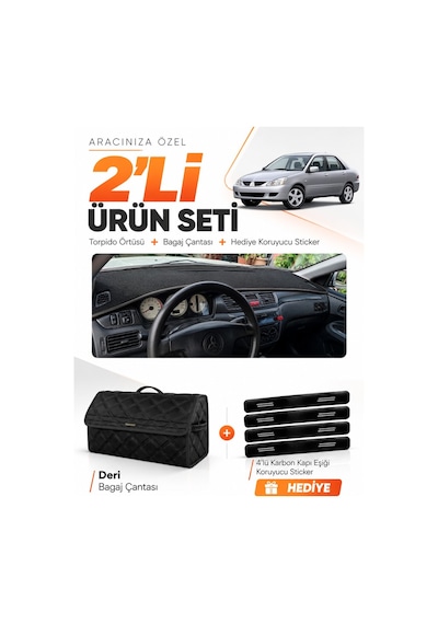 Mıtsubıshı Lancer 2003-2006 Uyumlu Torpido Örtüsü + Deri Bagaj Çantası + Sticker Seti - Siyah