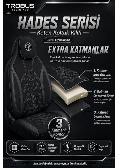 Honda Civic Fe Kasa 2021 Ve Sonrası Uyumlu Hades Serisi Keten Koltuk Kılıfı Siyah Beyaz