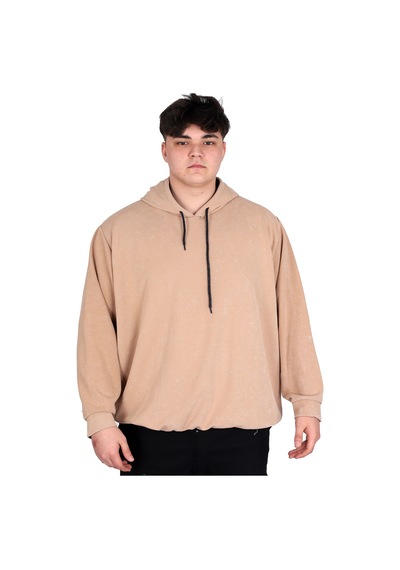 Mode Xl Büyük Beden Erkek Kapüşonlu Sweatshirt Asit Yıkama Interlok U24167 Bej Bej