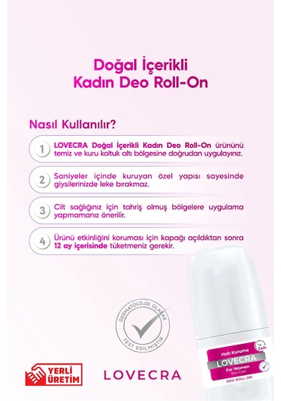 Doğal Kadın Deo Roll On 24 Saat Etkili Terleme Önleyici Ter Kokusuna Karşı Koruma Hassas Cilt 50 Ml
