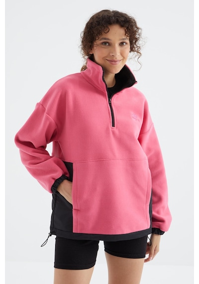 Tommy Life Şeker Pembe Yarım Fermuar Etek Ucu Büzgülü Dik Yaka Oversize Kadın Polar Sweatshirt - 97236 Şeker Pembe