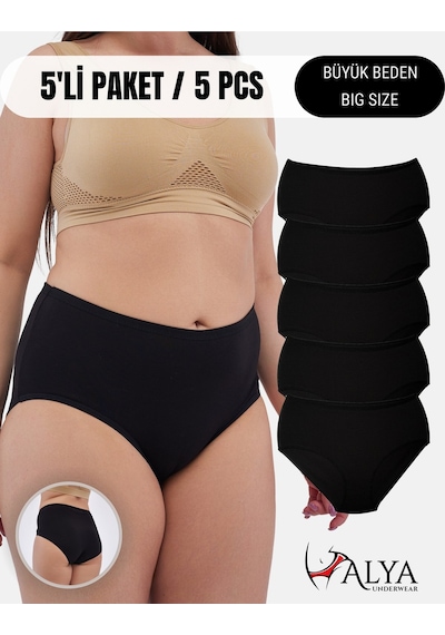 Alya Underwear Kadın Büyük Beden Külot Battal Full Brief, Yüksek Bel 5xl, 6xl, 7xl 5 Farklı Renk 1 Pakette Siyah
