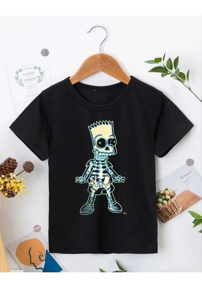 Barlashive Çoçuk Bisiklet Yaka Kısa Kol Baskılı T-shirt - Siyah Çok Renkli