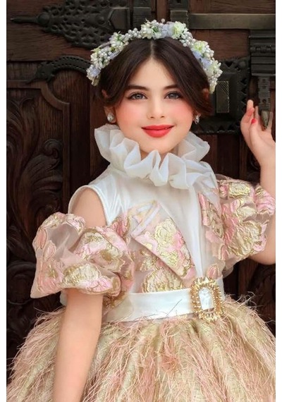 Riccotarz Kız Çocuk Palyaço Yaka Düşük Omuzlu Balon Kollu Eteği Kırçıllı V Kesim Detaylı Pudra Abiye Pudra Riccotarz Kız Çocuk Palyaço Yaka Düşük Omuzlu Balon Kollu Eteği Kırçıllı V Kesim Detaylı Pudra Abiye Pudra
