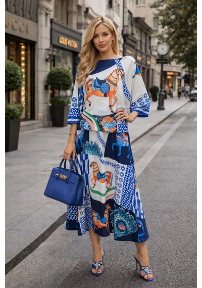 Asprinfashion Kayık Yaka Yarasa Kol Bluz Etek Takım Lacivert