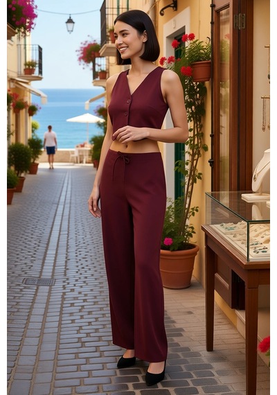 Benerly Kadın Büyük Beden V Yaka Kolsuz Düğmeli Crop Yelek Geniş Paça Pan bordo