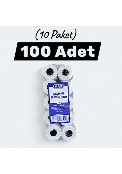 Mas 56x16 Termal Rulo Yazar Kasa Pos Kağıdı 16 Metre 100 Adet 10 Paket