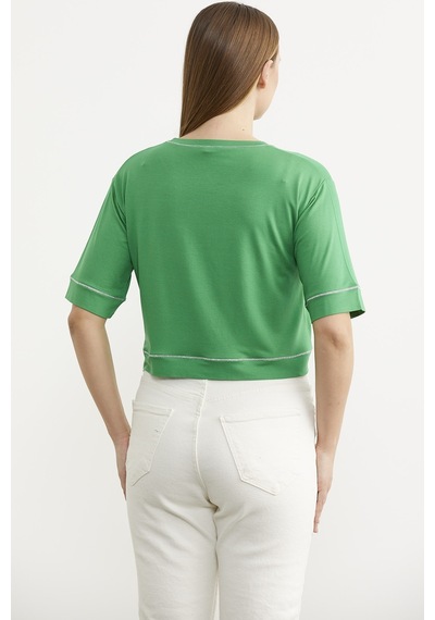 Sim Detaylı Oversize Crop Tişört - Yeşil Çok Renkli