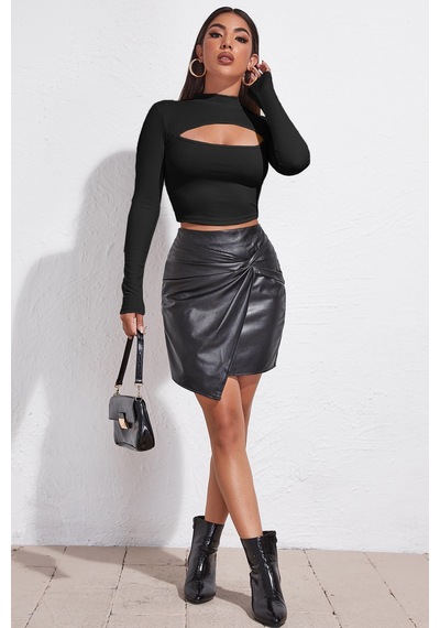 Fantezia Night Kadın Kırmızı Göğüs Dekolteli Uzun Kollu Cut Out Crop Top Bluz SIYAH