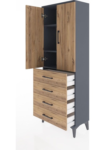 Arges Dolap 3 Raflı 4 Çekmeceli 2 Kapaklı 60x30x163 Antrasit-çam Antrasit