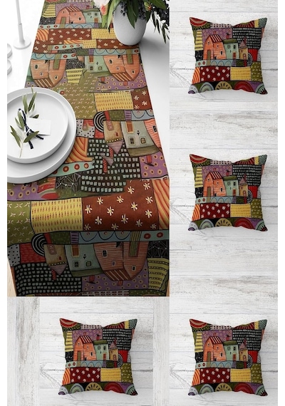 Pelangi Yaz Evi Desenli Patchwork Masa Değişik Ranır Modelleri Dekoratif 4'lü Kırlent Kılıfı Runner Seti, Kiremit 45 X 45 Çok Renkli