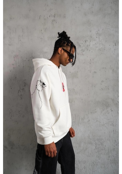 Barlashive Erkek 3 İplik Pamuklu Kapüşonlu Baskılı Cepli Oversize Sweatshirt Hoodie - Beyaz Çok Renkli