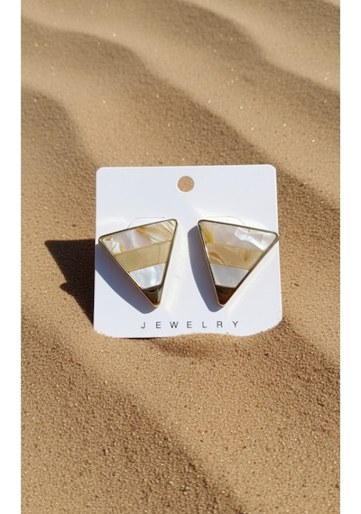 Şehrazat Handmade Çelik Üçgen Pramit Sedefli Gold Küpe Bej