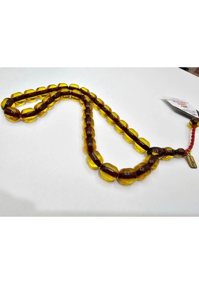 Omari İmzalı Sertifikalı Alman Faturan Sıkma Kehribar Tesbih 9x11 Mm Fıçı Kesim