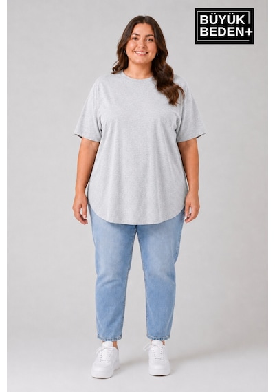 Superlife Süperlife Büyük Beden Kadın Bisiklet Yaka Basic Oval Etek Detalylı 3xl-6xl Uzun Tunik Spr26btsk502 Gri
