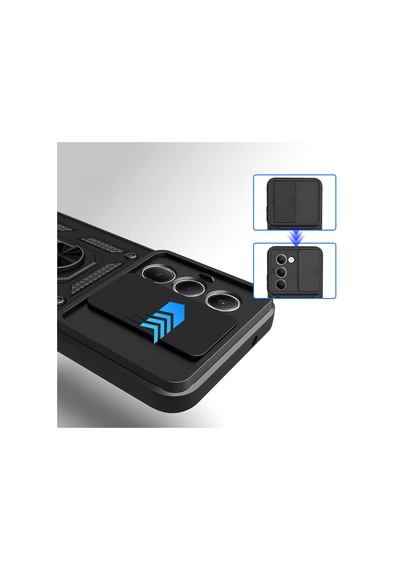 Xiaomi Redmi 15 Kılıf Magnetik Standlı Kamera Korumalı Zore Sürgülü Vega Kapak Siyah