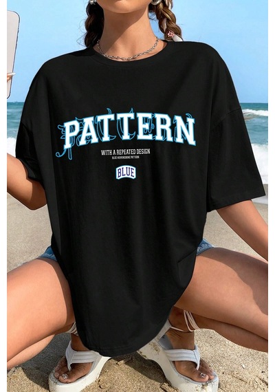 Unisex Pattern Blue Baskılı Tasarım Tshirt Siyah