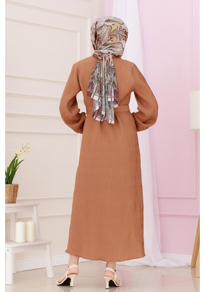 Sevitli Beli Kuşaklı Luna Tesettür Elbise-taba-4889 Taba