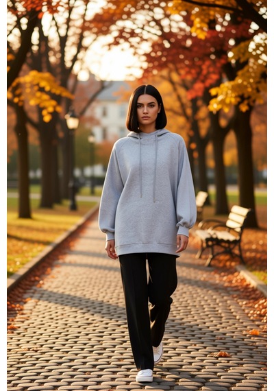 Benerly Kadın Kapüşonlu Düşük Kol Uzun Sweatshirt Fonksiyonel Dayanıklı K Gri