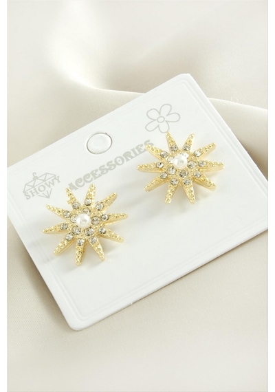 Yıldız - 54 - İnci Taşlı Metal Küpe - Spt-gld - - Sarı
