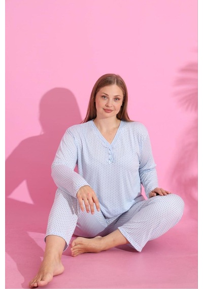 Eyfuze Kadın Büyük Beden Desenli Yakası Düğmeli Uzun Kollu Bambu Pijama Takımı Buz Mavisi Eyfuze Kadın Büyük Beden Desenli Yakası Düğmeli Uzun Kollu Bambu Pijama Takımı Buz Mavisi