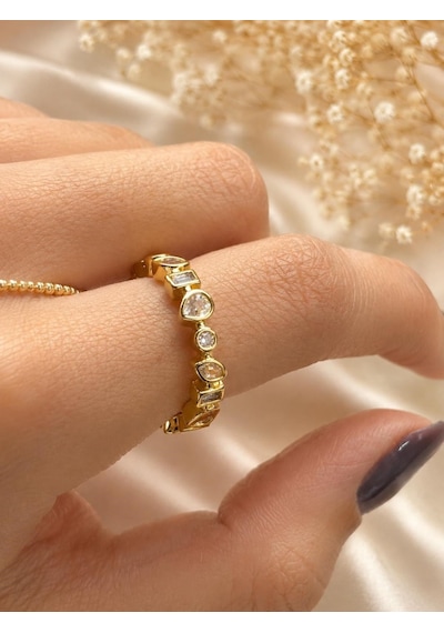 Taşlı Damla Gold Yüzük Çok Renli