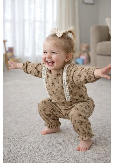 Babyhola Dantel Detaylı Çiçek Desenli Müslin Bayramlık Kız Bebek Takım Üst Ve Pantolon İkili Set 2009 Kahverengi Babyhola Dantel Detaylı Çiçek Desenli Müslin Bayramlık Kız Bebek Takım Üst Ve Pantolon İkili Set 2009 Kahverengi