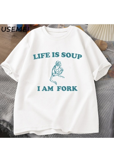 Flood Of Style Hayat Çorba Ben Çatal Kurbağa Grafik T Shirt Pamuk Unisex Komik Retro Tişört Yaz Hayvan Baskı Beyaz