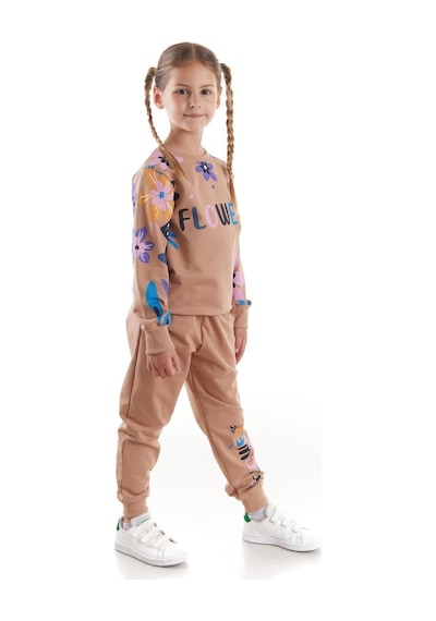 Ahengim Kız Çocuk Eşofman Takımı Flower Baskılı Alt Üst Takım Ak2505 Vizon