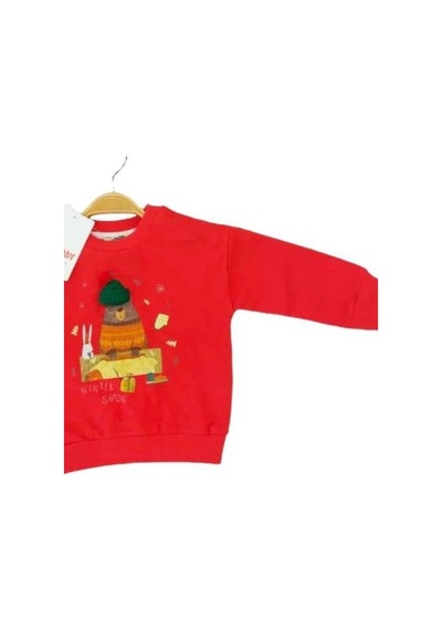 Çikoby Bebek Örgü Şapkalı Ayı Baskılı Sweatshirt-13519 Kırmızı