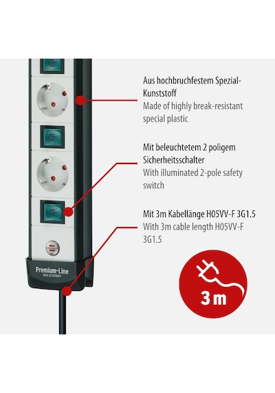 Brennenstuhl Premium-line, Teknik Çoklu Priz, Tek Tek Çalıştırılabilir Prizler 3 M Kablo İle, Renk: Siyah/açık Gri