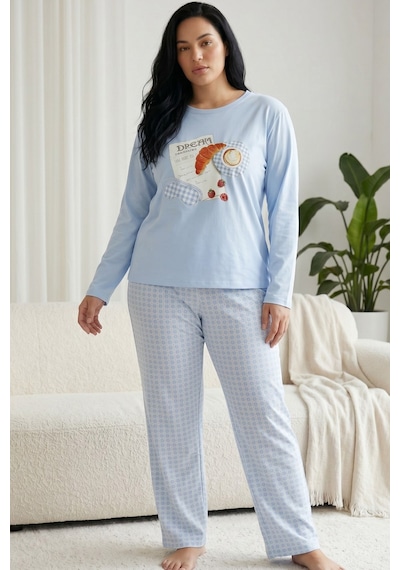 Siyah İnci Pamuklu Likralı Büyük Beden Battal Boy Örme Pijama Takım26240878 mavi