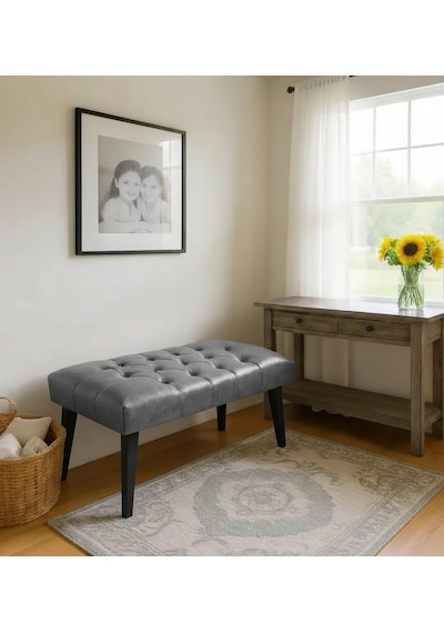 Waterybrook Bench Bank Puf - Suni Deri - Siyah Ahşap Ayaklı - Retro Modern Tasarım & Dekoratif Sehpa Gri