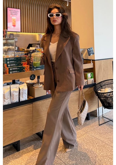 Kahverengi Keten Blazer Kadın Ceket Mg2443 Kahverengi