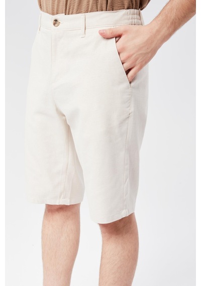 Braccas Erkek Beli Yarım Lastikli Keten Pamuk Karışımlı Slim Fit Şort Bej Bej