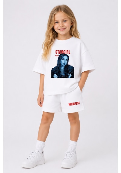 Fasardi Manifest Girls Mina Baskılı Oversize %100 Pamuk Tişört Şort 2li Çocuk Takım Beyaz