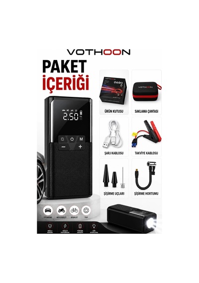 Vothoon12000 Mah Akıllı Akü Takviye Ve Dijital Hava Pompası Akım Korumalı