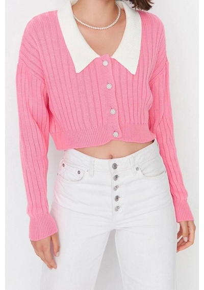 Ersefa Kadın Modern Tarz Regular Bebe Yaka Crop Triko Hırka Pembe