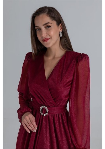 Neşeli Butik Kadın Kemerli Kruvaze Yaka Simli Gece Elbisesi Nbmy3590 Bordo