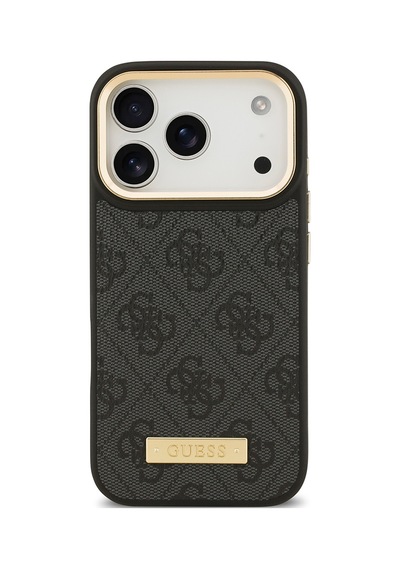 Apple Uyumlu iPhone 17 Pro Kılıf Guess Lisanslı M-safeli 4g Desenli Pu Metal Plaka Klasik Logolu Siyah Siyah