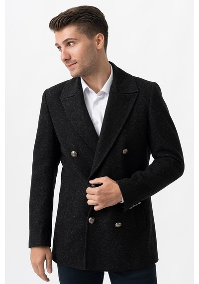 White Stone Trento K290 Kruvaze Yaka Slim Fit Pamuklu Kaban Siyah-Siyah