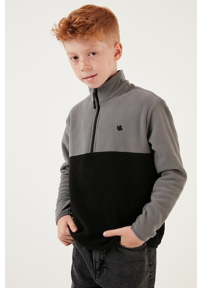 Lela Yumuşak Dokulu Yarım Fermuarlı Renk Bloklu Dik Yaka Unisex Çocuk Polar 5905004 Gri-Siyah