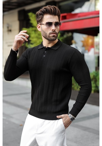 Madmext Siyah Düğmeli Polo Yaka Desenli Over Fit Erkek Triko Kazak E7520