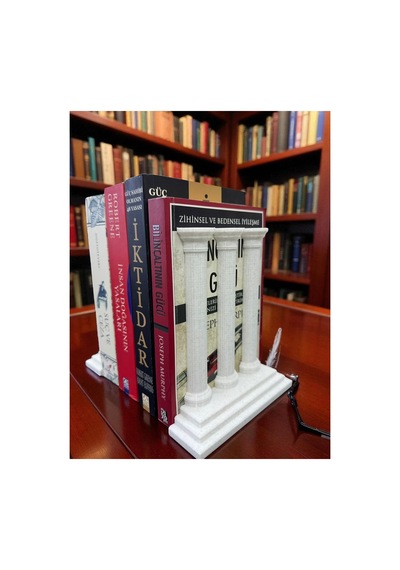 Dekoratif Roma Sütunu Kitap Tutucu İkili Set Mermer Beyaz Kitaplık