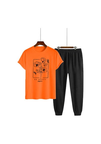Uyguntarz Unisex Be Happy Tasarım Basklı Tshirt Eşofman Takımı Turuncu