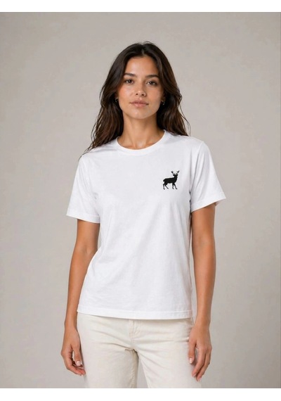 Freedom Storee Kadın Minimal Geyik Logolu Tişört Bisiklet Yaka Kısa Kol Yazlık T-shirt - Beyaz Çok Renkli