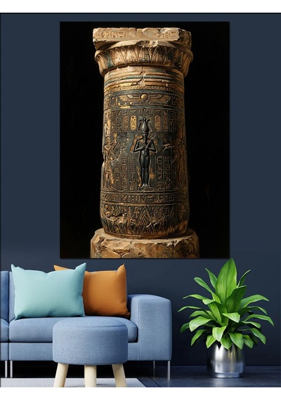 Mısır Hiyeroglifli Tarihi Taş Sütun Dekoratif Kanvas - Mdf Ahşap Tablo