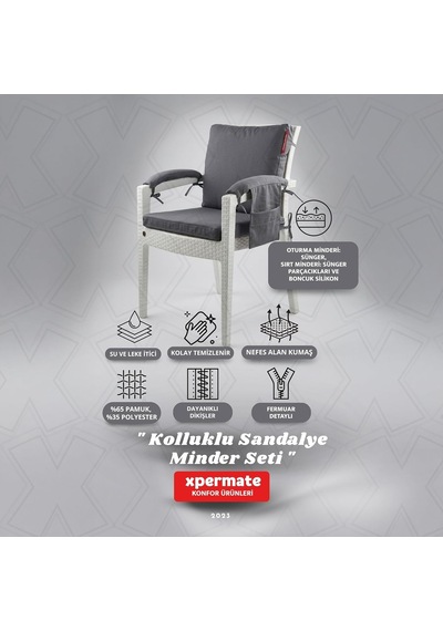 4 Parçalı Sırtlıklı Sandalye Minderi 46 X 46 Cm Kol Pedli Su Ve Leke İtici Bağcıklı Bahçe Balkon Minderi Seti Antrasit Çok Renkli