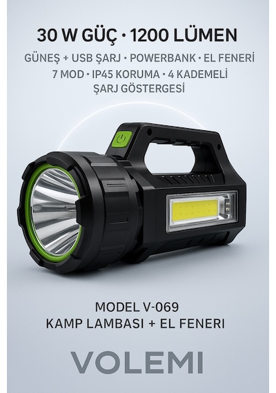 Volemi V-069 Uzun Menzilli Şarjlı Kamp Lambası El Feneri Deprem, Acil Durum, Bahçe Ve Kamp Kullanımı Siyah